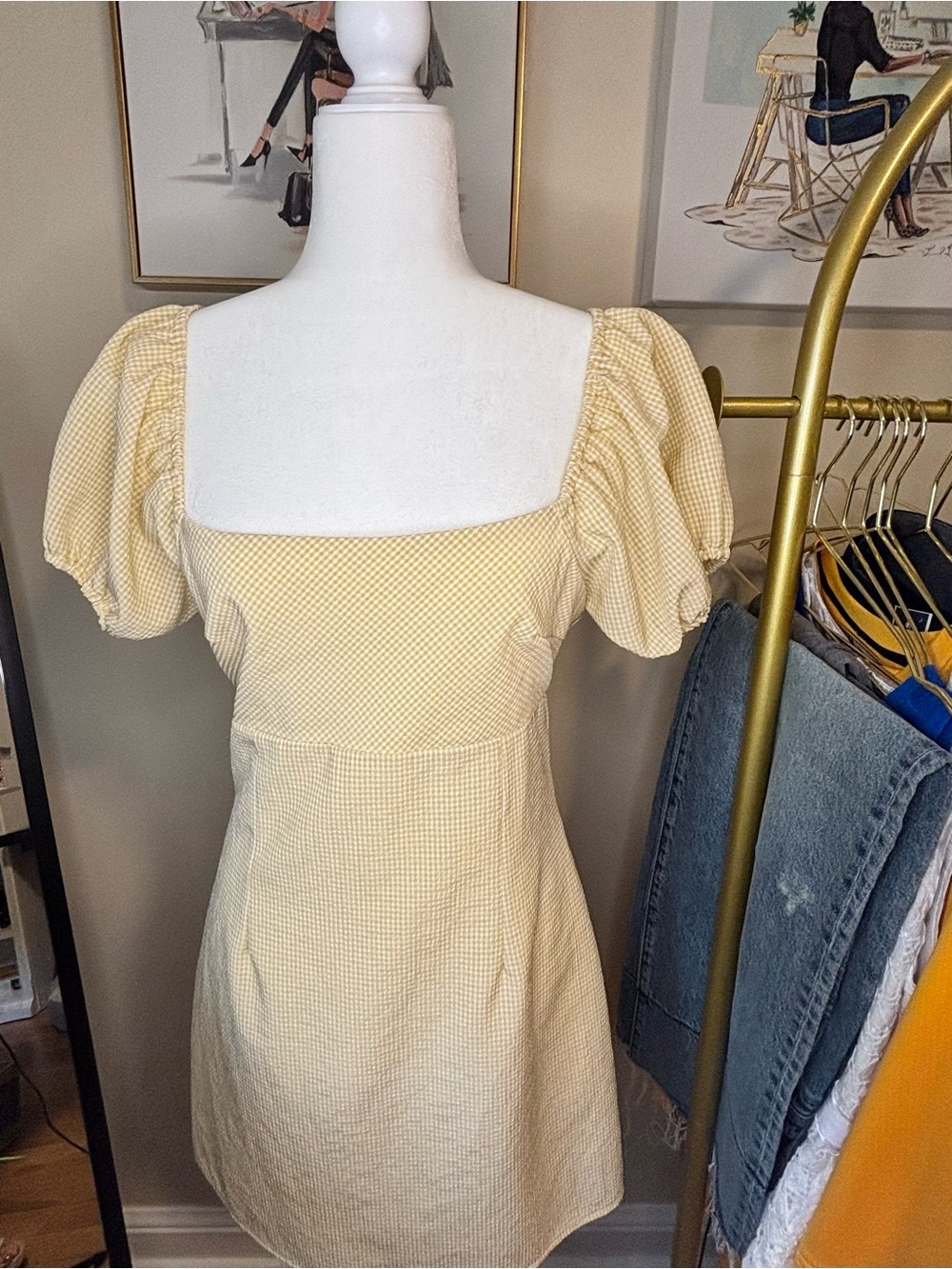 Altar'd State Yellow Gingham Puff Sleeve Mini Dress  Small
